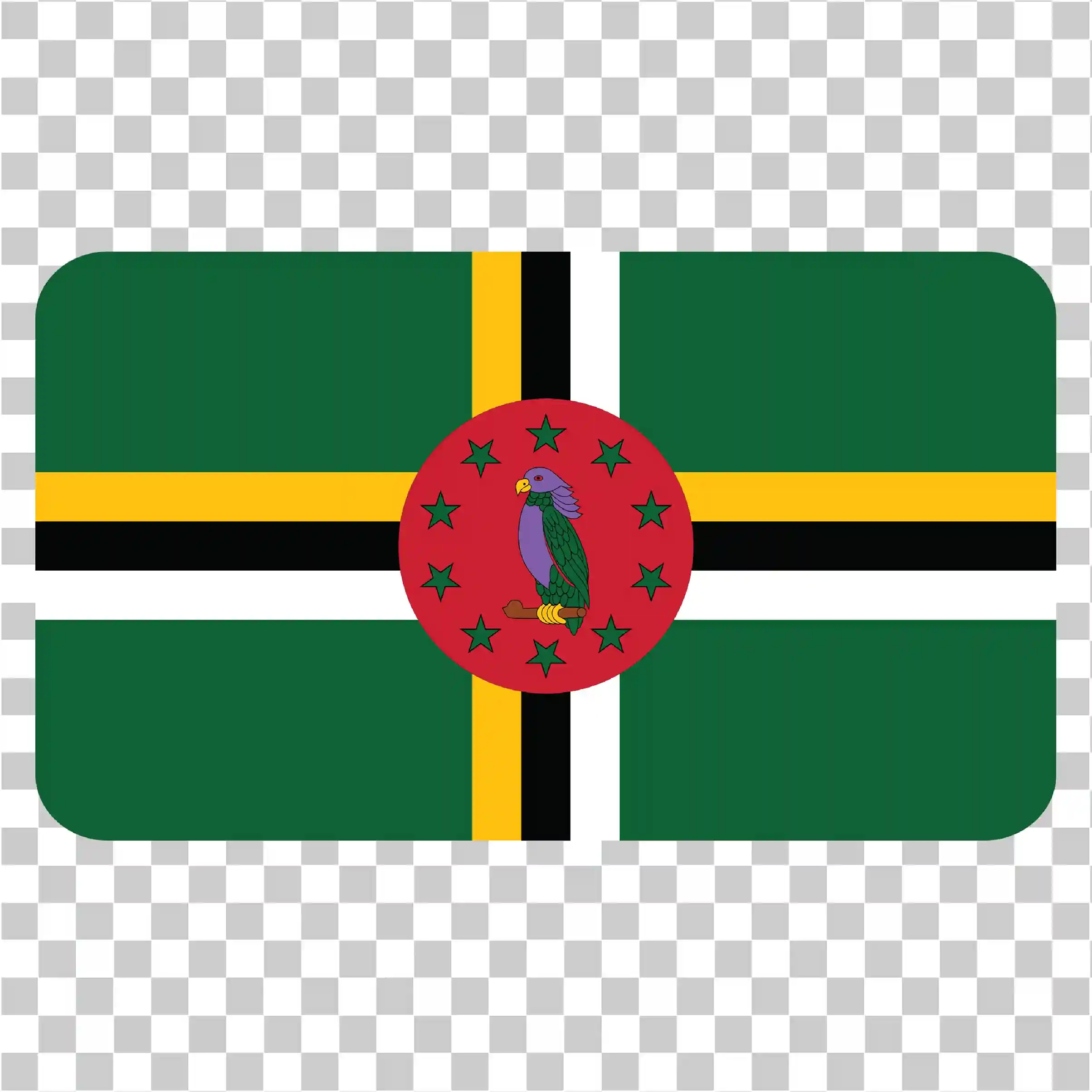 Dominica Flag PNG, Square Green Yellow Cross with Parrot Symbol, 