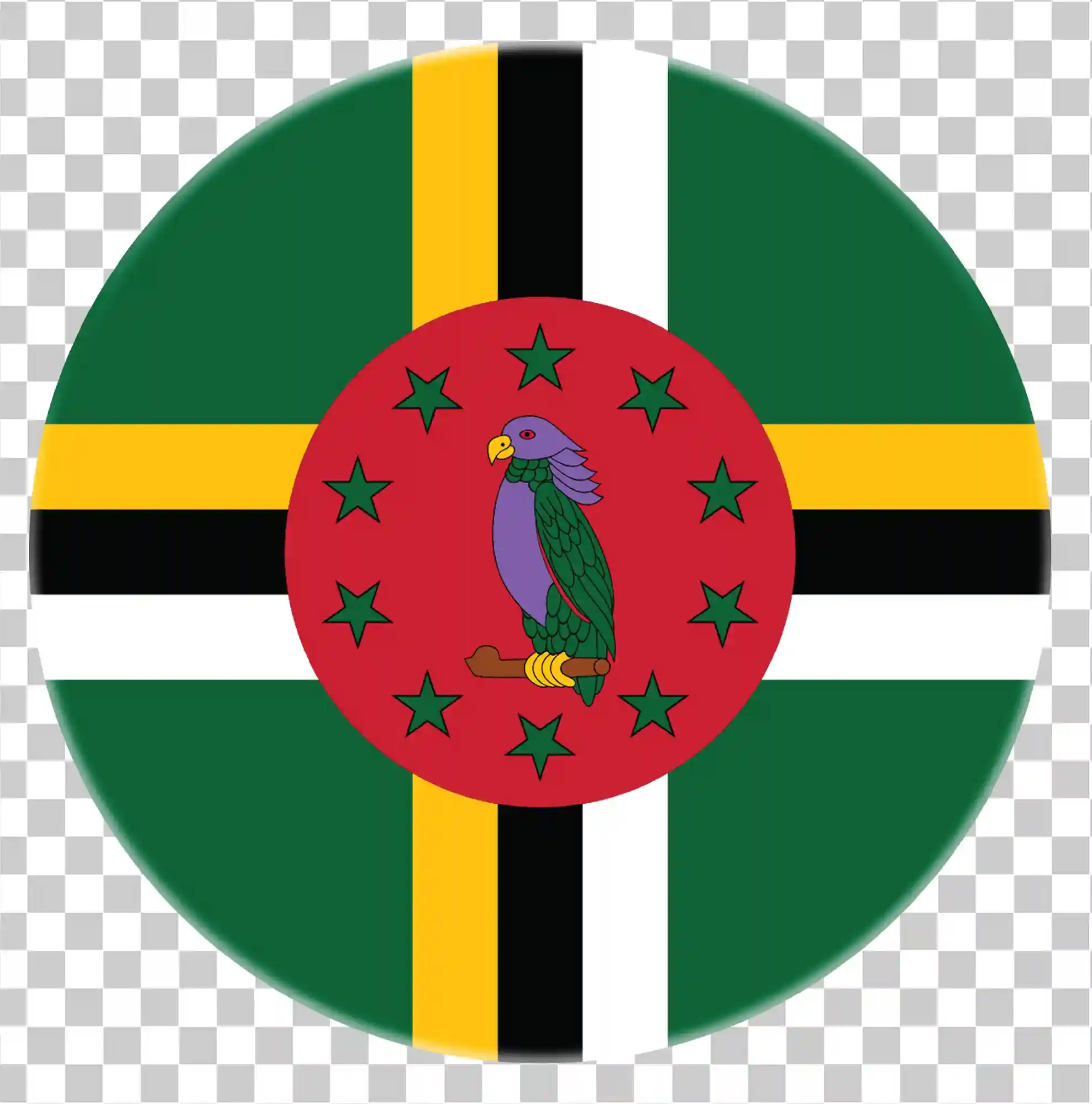 Dominica Flag Runde Ikon PNG, Grønt gult kors med papegøjesymbol, 