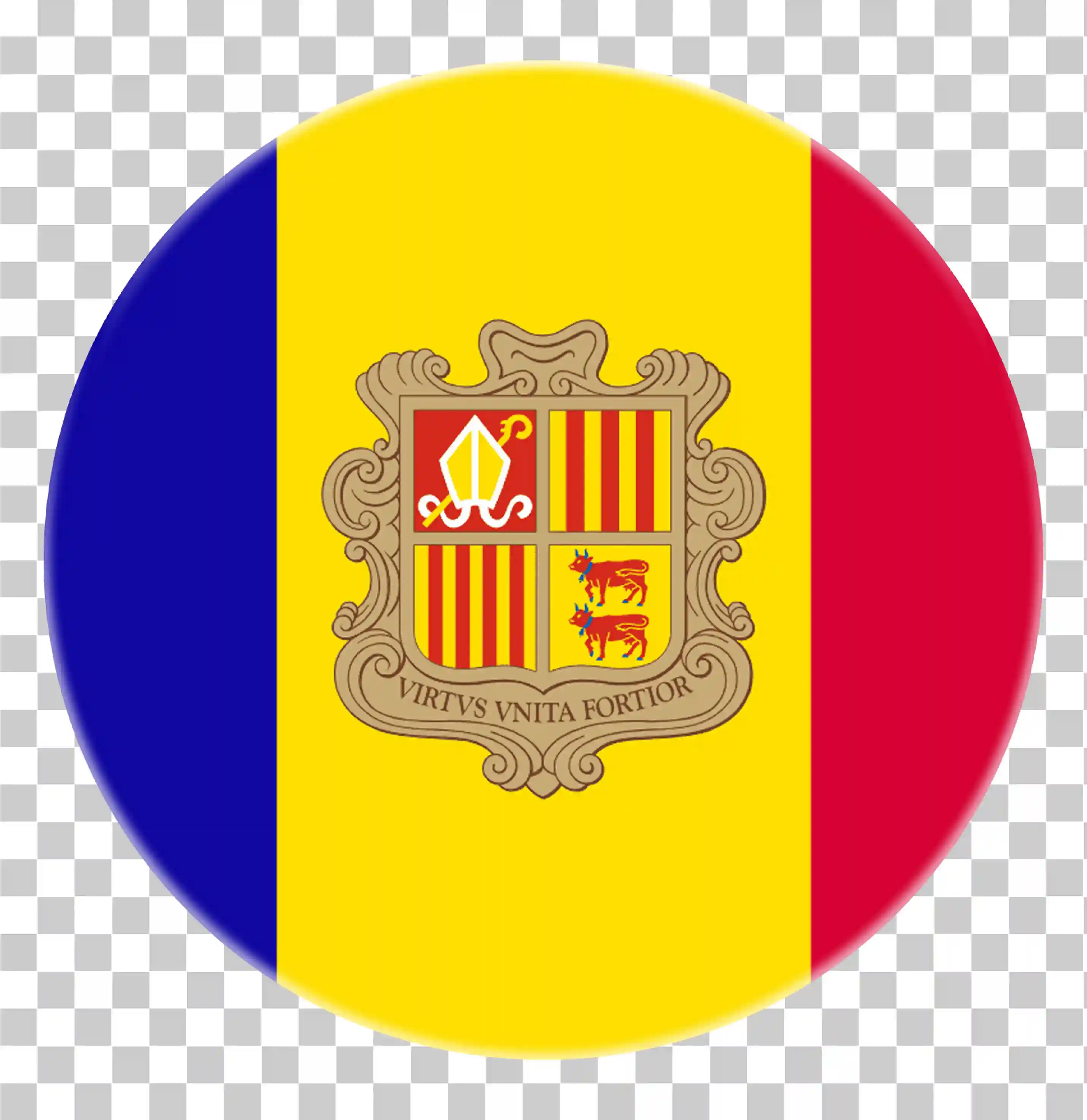 Bendera Andorra, National Country Flag Vector Clipart, Ilustrasi PNG bundar bundar 3D, 