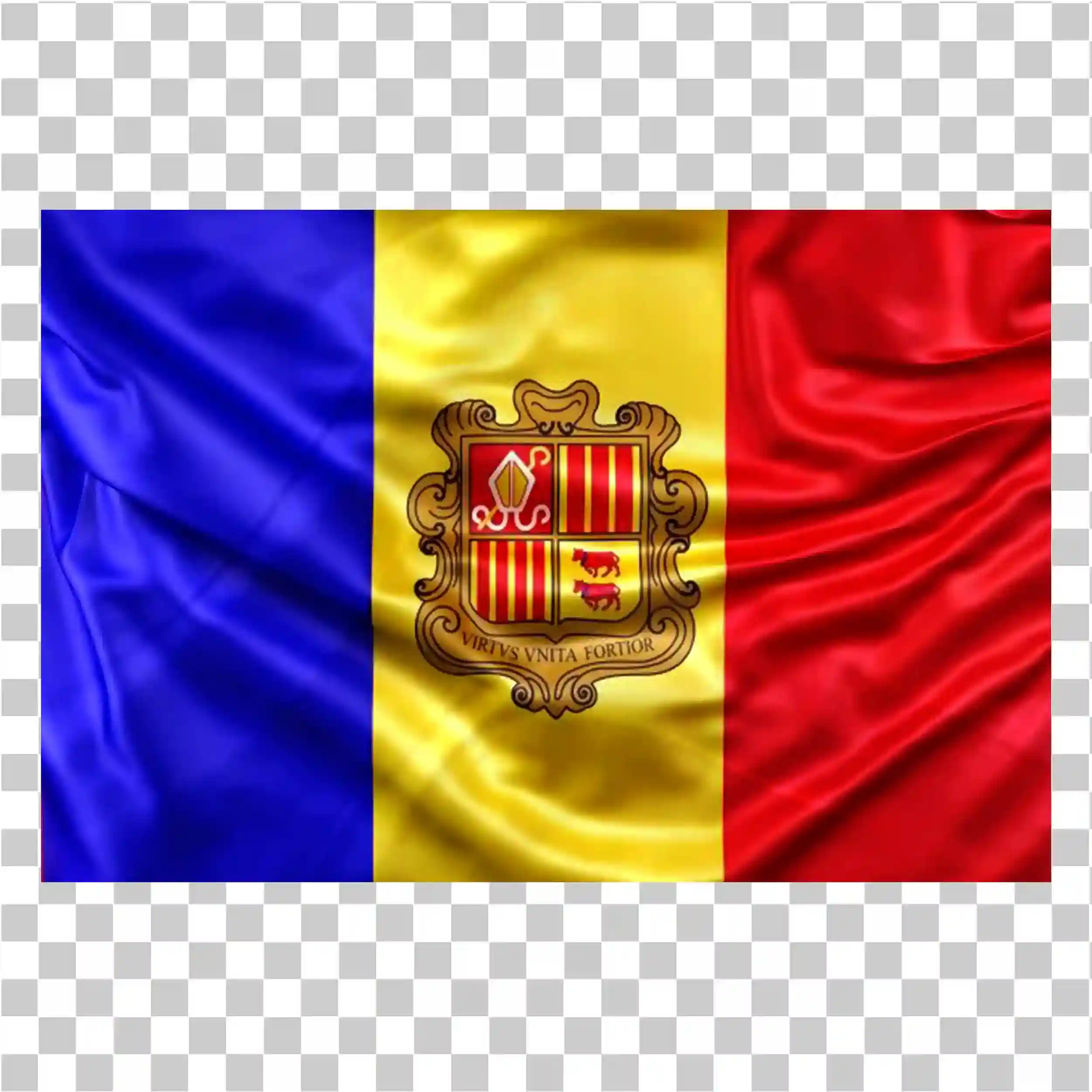 أندورا العلم png, نسيج القماش الواقعية, توضيح علم العلم, تصميم ناقلات مربع, العلم الوطني لأندورا كليوارت, رمز أصفر أحمر أزرق, 
