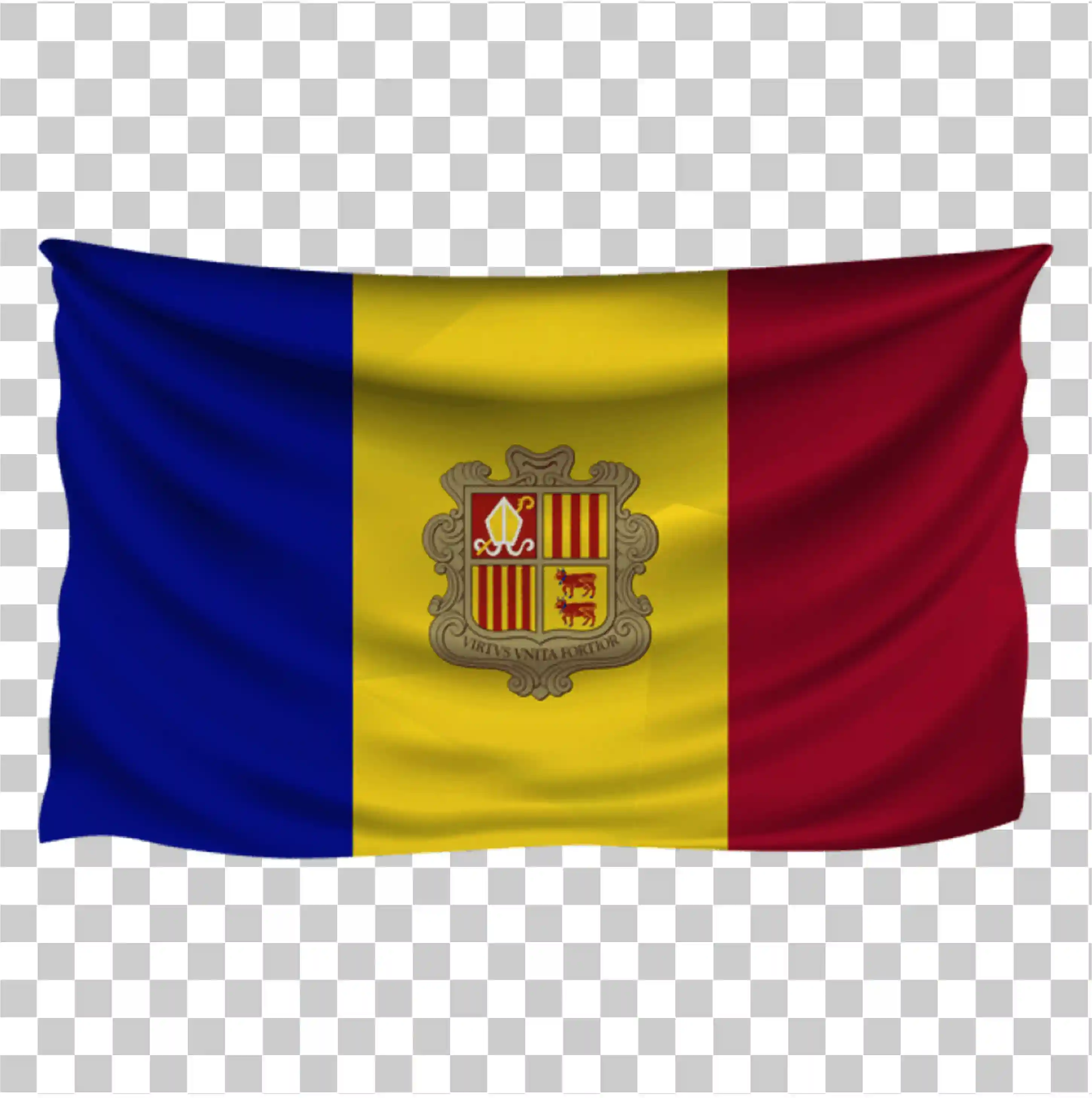 Andorra vlajka, Mávání národní vlajky Andorry, Realistický vektor vlajky ve zemi, Klipartová ilustrace s texturou tkaniny Návrh PNG, 