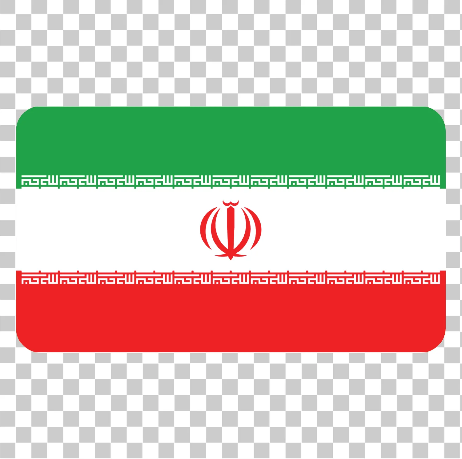 Flag af Iran, Iransk flag på afrundet firkant, Tricolor Green White Red, Islamic Republic Emblem, National Flag Clipart, Realistisk vektor png illustration, 