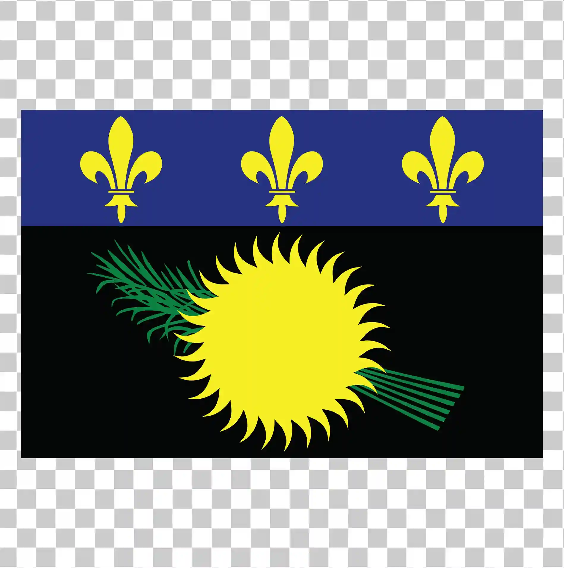 瓜德罗普（Guadeloupe）国旗PNG, 黑色和蓝色背景, 黄色的太阳符号, 国家标志, 方形矢量, 自由的, 