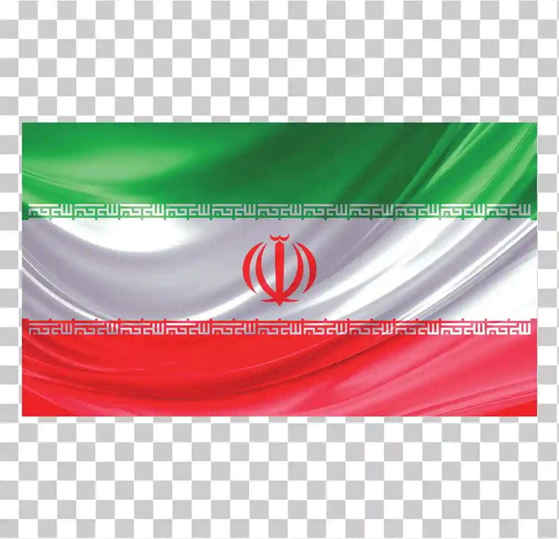 Flag af Iran, Iransk National Flag, Grøn hvid rød tricolor, Vinkende silkestofstruktur, Skinnende realistisk design, Emblem af Iran, Vector PNG Clipart Illustration, 