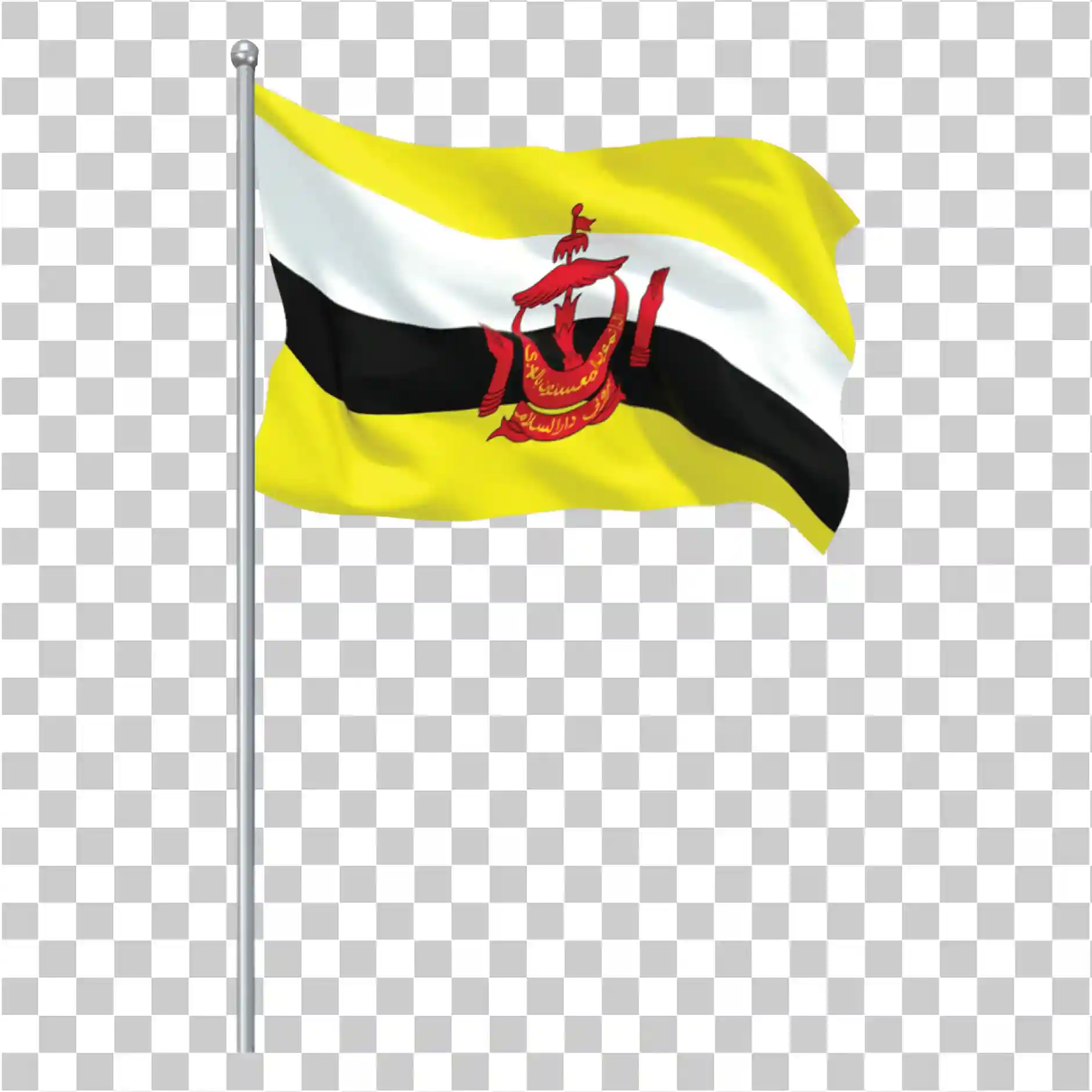 Brunei Flag Png, Размахивая флагом Брунея с полюсом, Желтый белый и черный дизайн, Brunei Darussalam National Emblem, Вектор бесплатно скачать, 