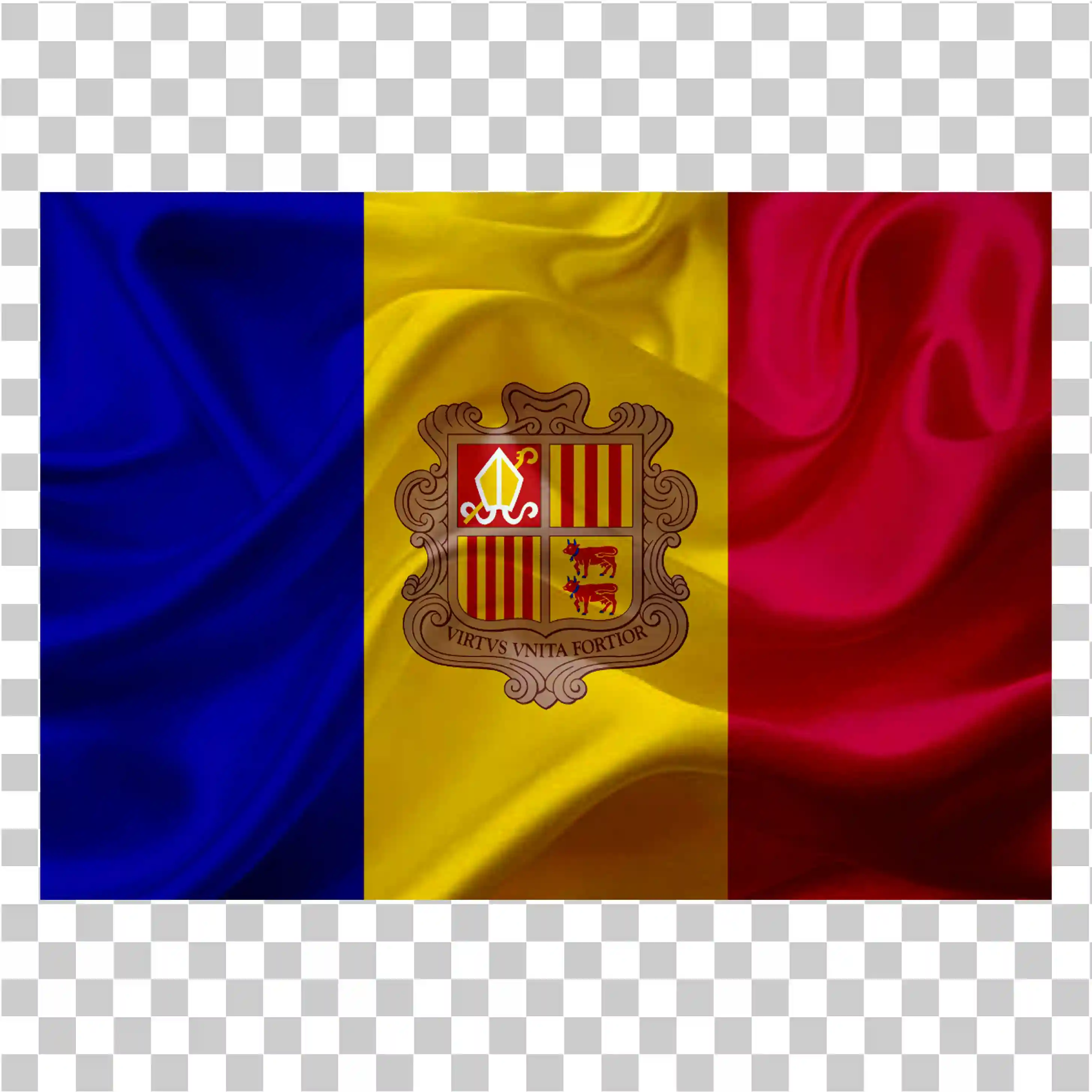 Vlajka Andorry, Ilustrace národní vlajky, Realistický design vektoru, Kliparta textury textilie PNG, Vlajka země s texturou látkou a čtvercovou ikonou, 