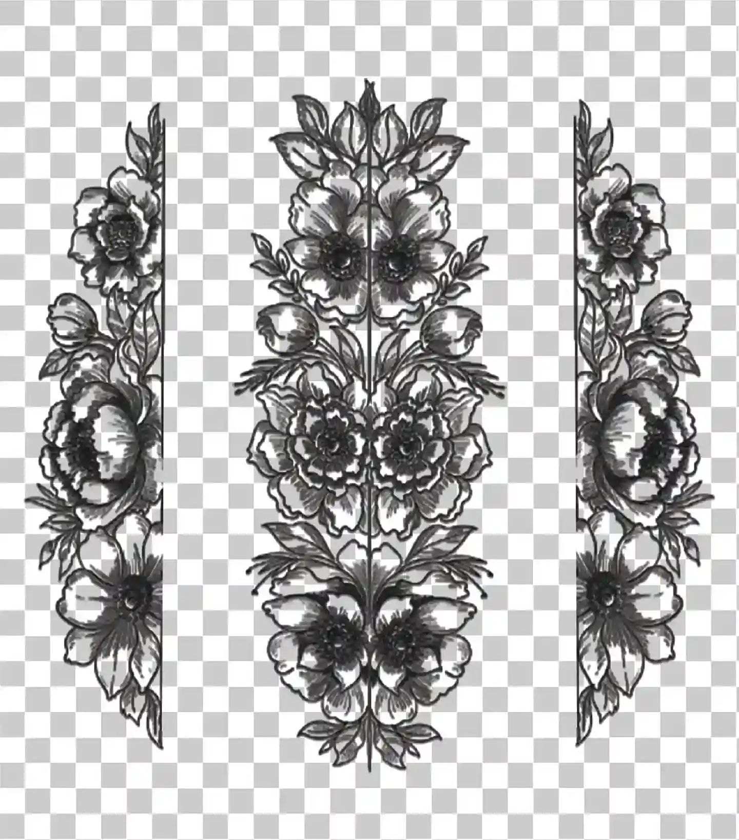 Floral Border & Design, Modèles de fleurs en noir et blanc, Art des feuilles, Tatouages ​​monochromes élégants et art de ligne, 
