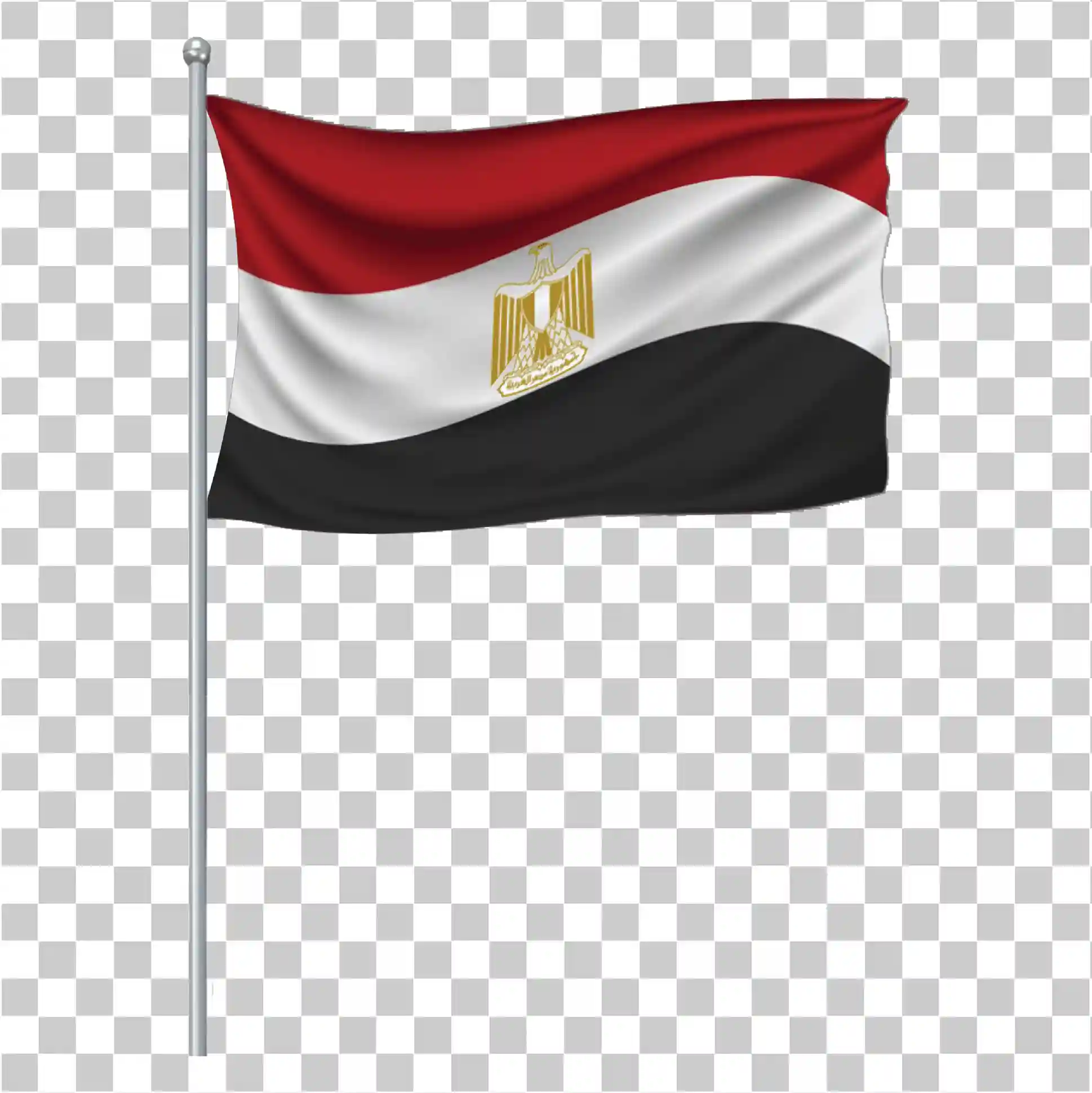 Waving Egypt Flag PNG on Pole, Red White Black Design with Eagle, 