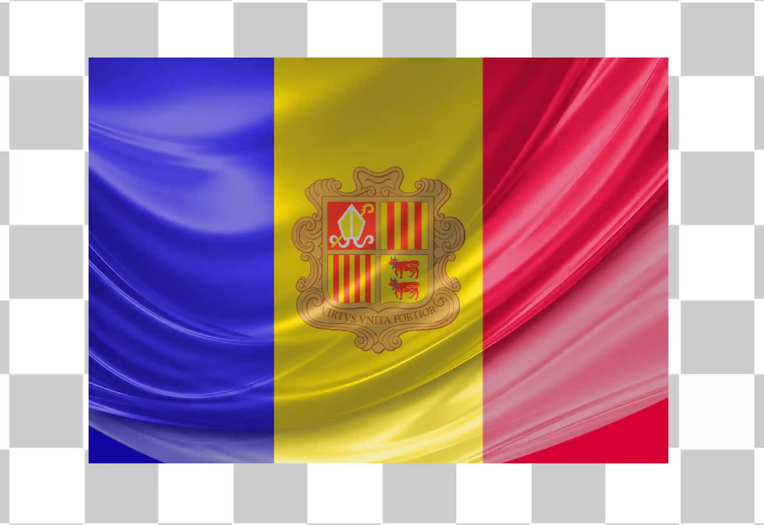 Bendera Andorra, Melambaikan ilustrasi bendera nasional, Desain Vektor Realistis, Clipart negara persegi panjang, Tekstur bendera yang bersinar png, 