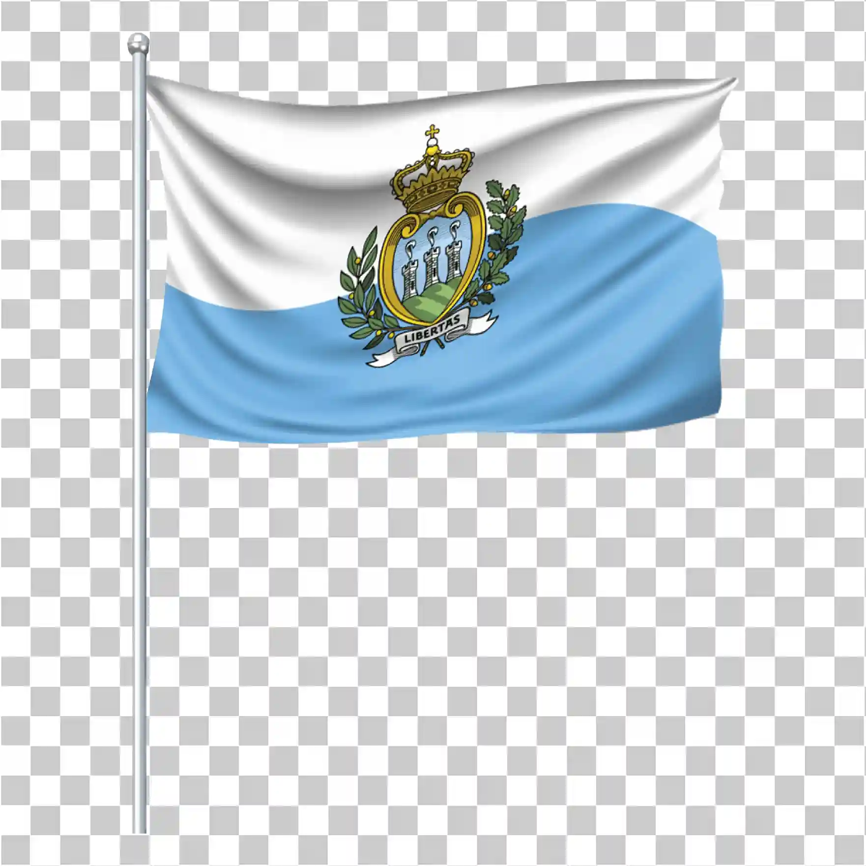 San Marino zwaaiende vlag PNG, Nationale witte en blauwe vlag met wapenschild, Republiek van San Marino -vlag met paal, Vector gratis download, 