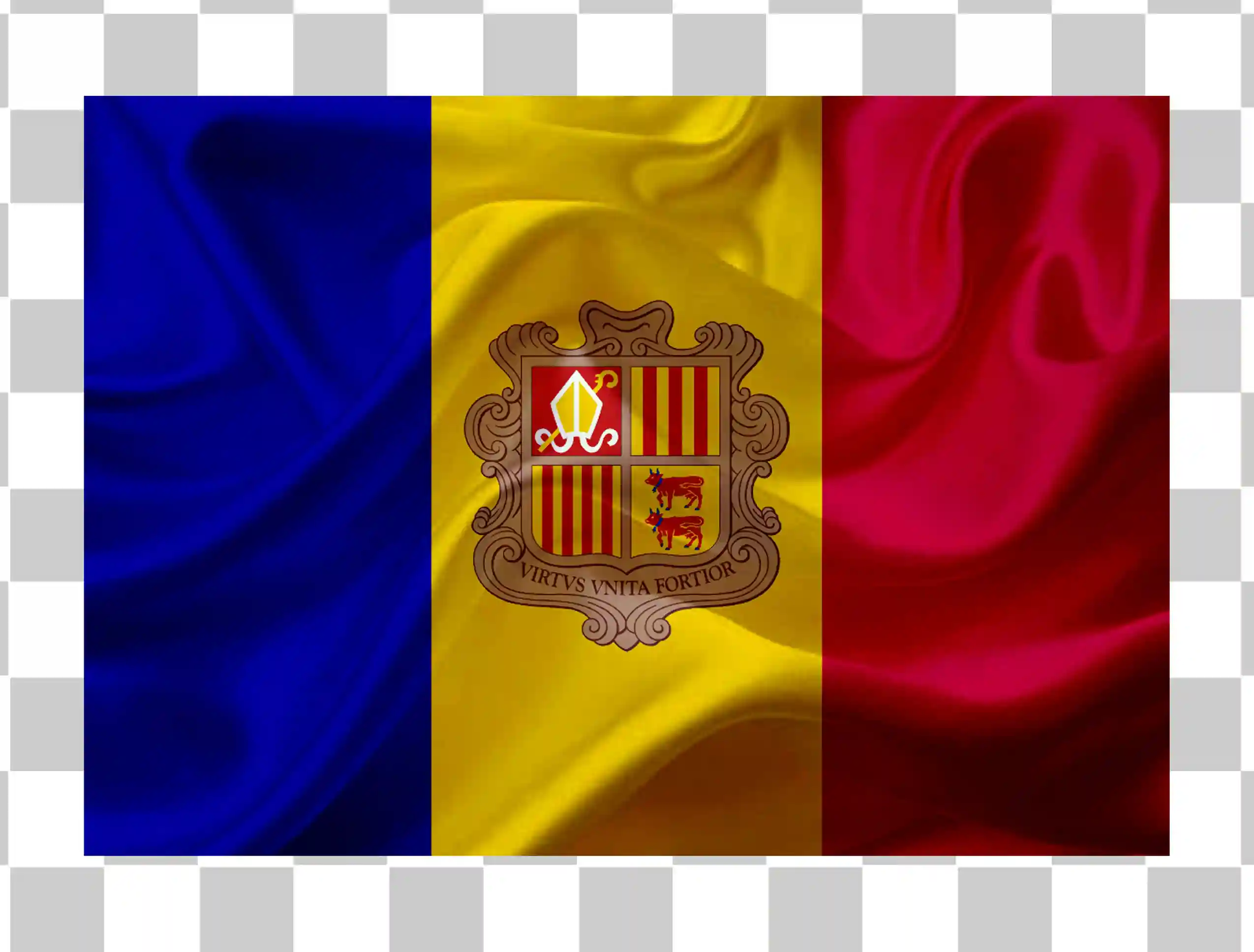 Flagge von Andorra, Illustration der Nationalflagge, Realistisches Vektordesign, Fabric Texture Clipart PNG, Landflagge mit Stofftextur und Square -Symbol, 