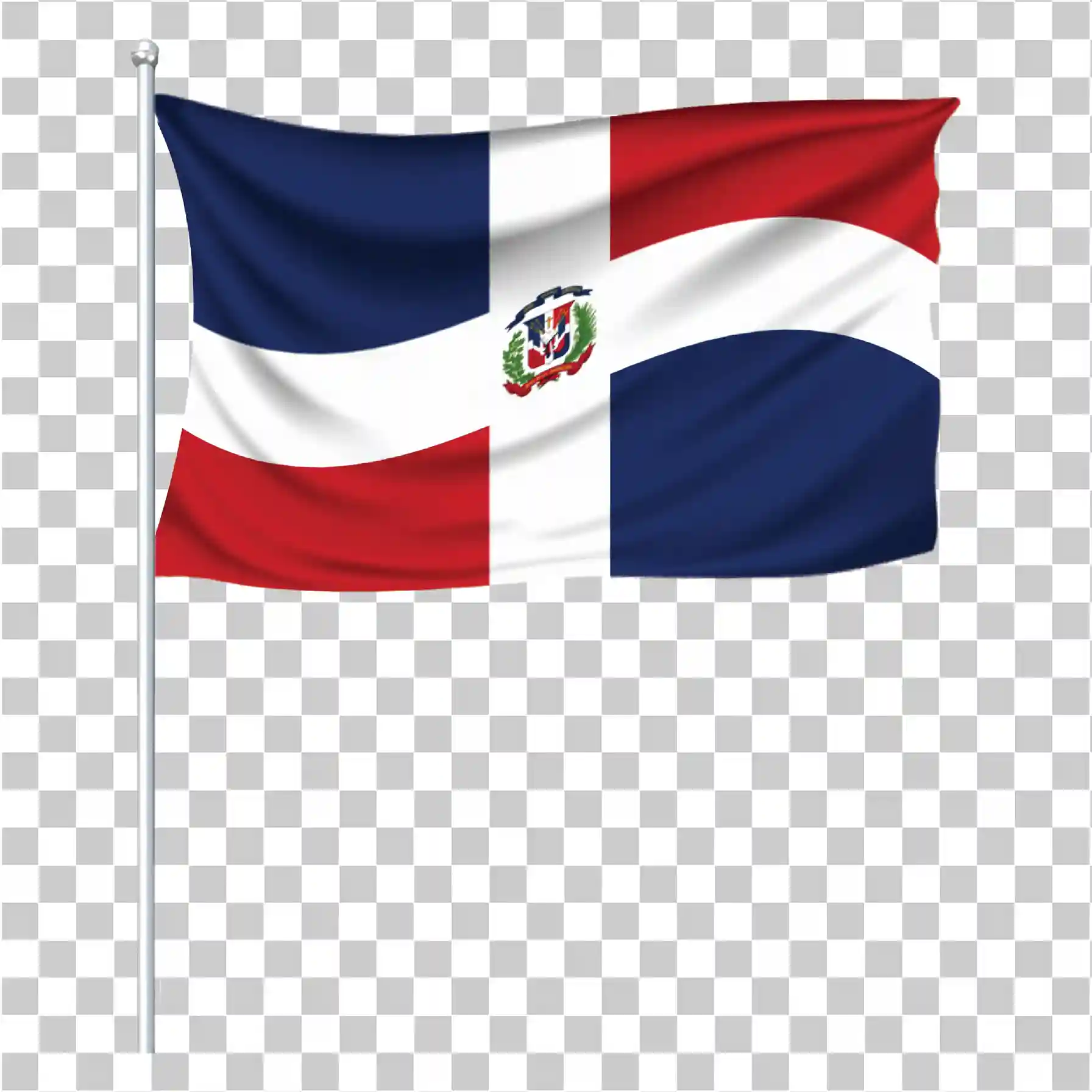 Vinkende Dominikansk flag på pol PNG, Dominikanske Republic National Emblem, Blå røde hvide farver, Landsflagvektor, 