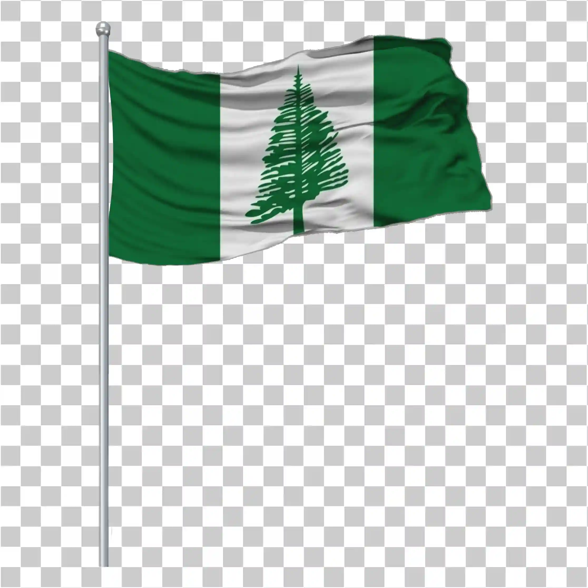 Agitant le drapeau de l’île Norfolk PNG sur le poteau, Conception de pin blanc vert, 