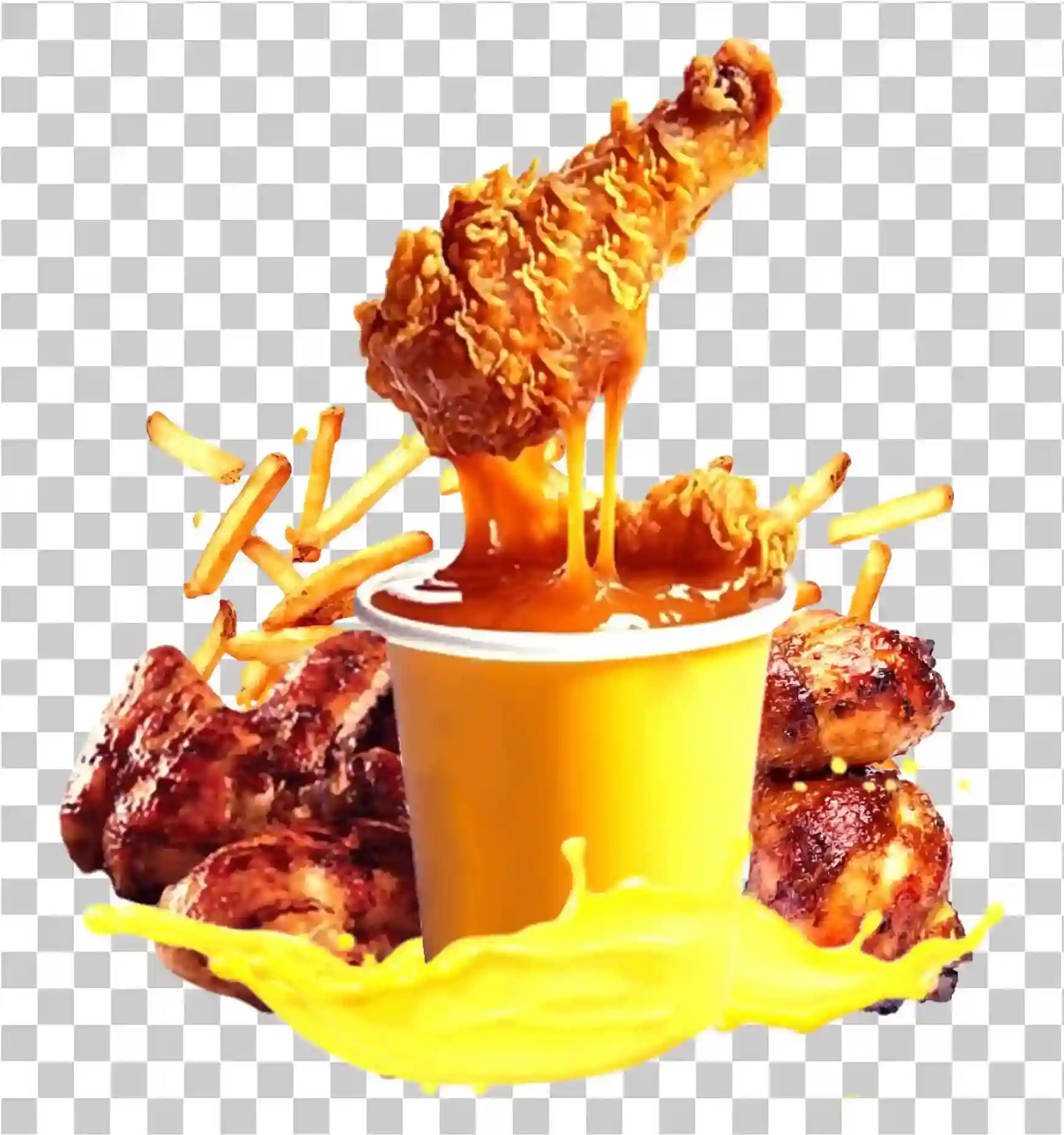 Würziger gebratener Hühnereimer - knusprige Hühnerbeine mit heißer Sauce & Spritzer PNG, 