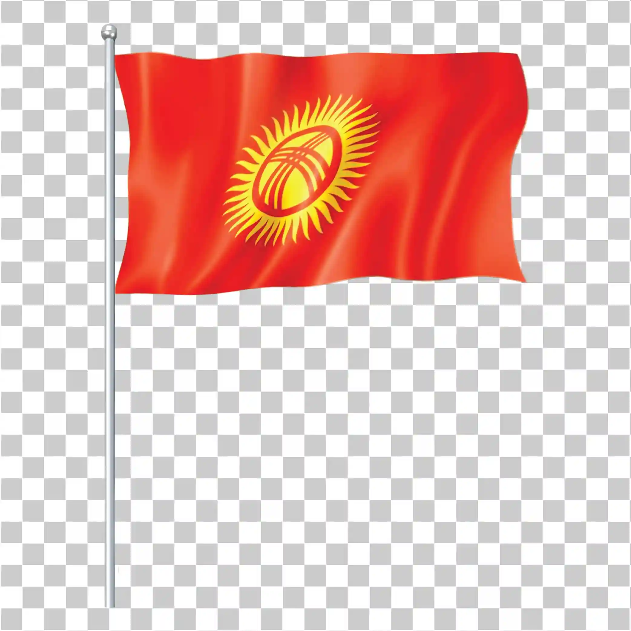 キルギスタンフラグPNG, 赤い背景, 黄色の太陽のデザイン, 全国の紋章とシンボル, ポールで旗を振る, 無料, 