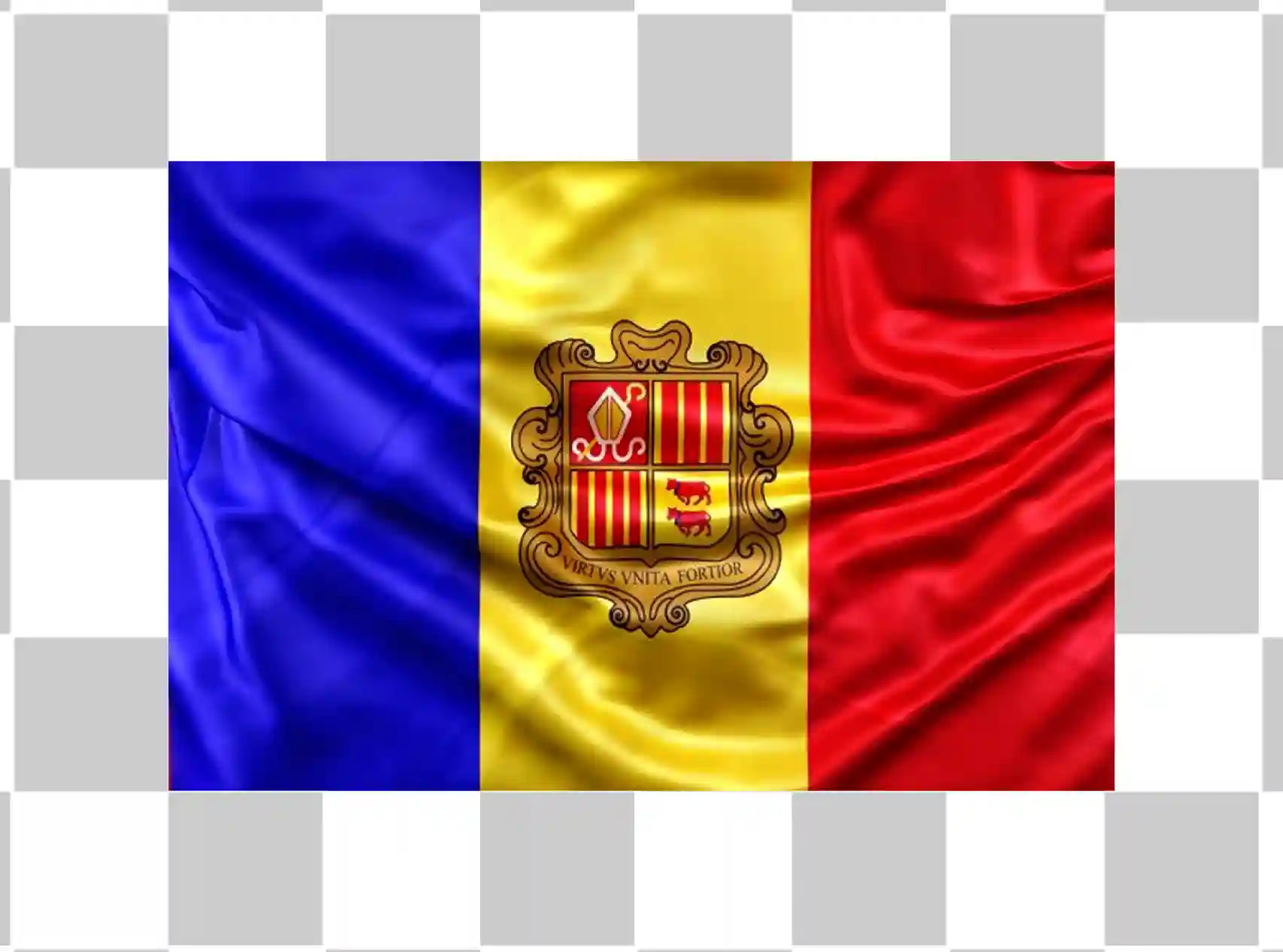 Andorran lippu png, Realistinen kangasrakenne, Maan lipun kuva, Neliövektorisuunnittelu, Andorra Clipartin kansallinen lippu, Sininen punainen keltainen symboli, 